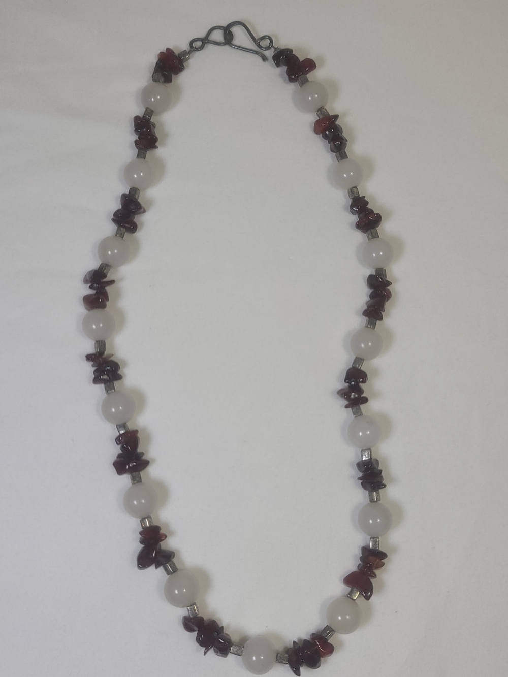 White Jade And Dark Red Agate Gemstone Beaded 925 Sterling Silver Necklace